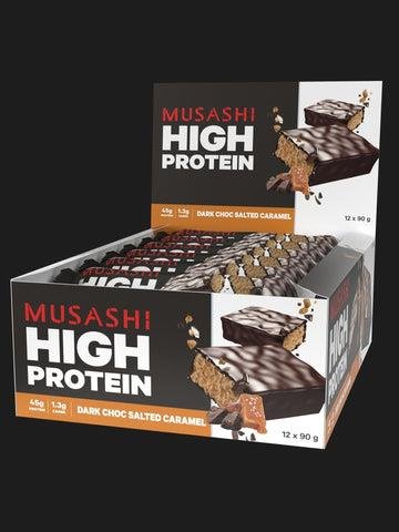 Musashi High Protein Bar 90g (Box of 12 Bars) Dark Choc & Salted Caramel
